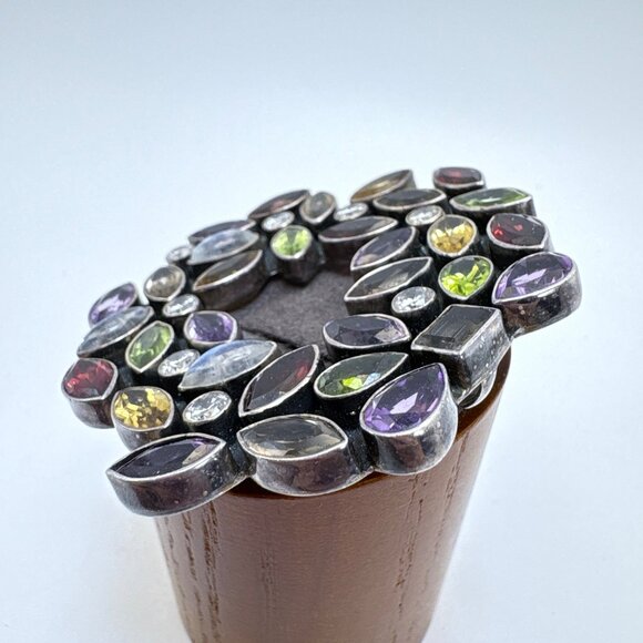 VTG Solid Sterling Silver 925 Multi-Gemstone Circle Brooch Size 1.25" Length - Picture 5 of 13